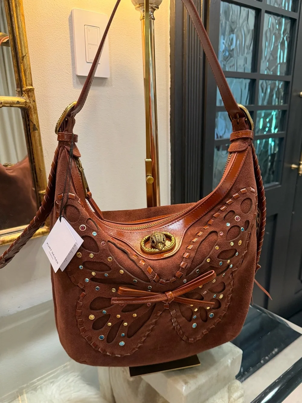 Kurt Geiger NWT Chelsea Suede Studded Butterfly Hobo Shoulder Bag in Brown